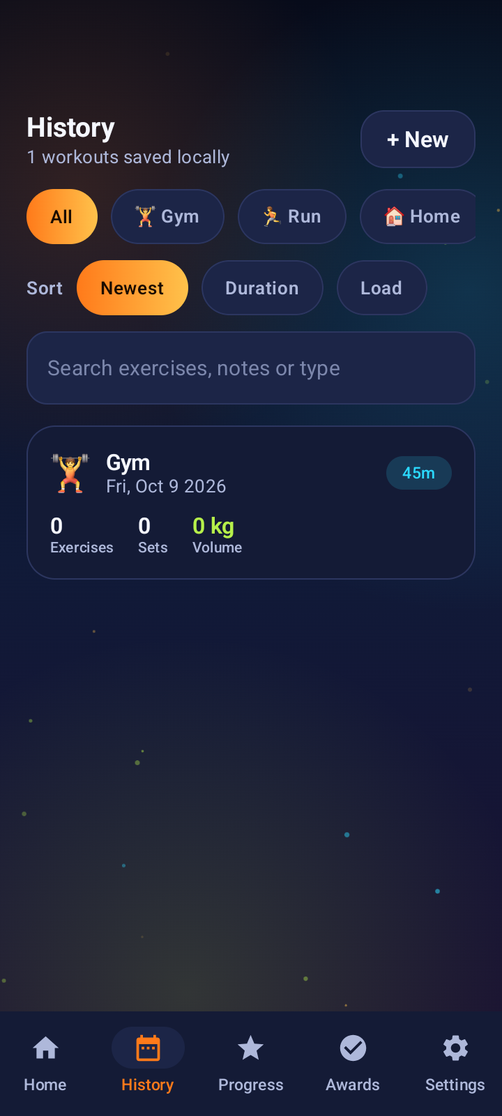 Sport Logbook history interface
