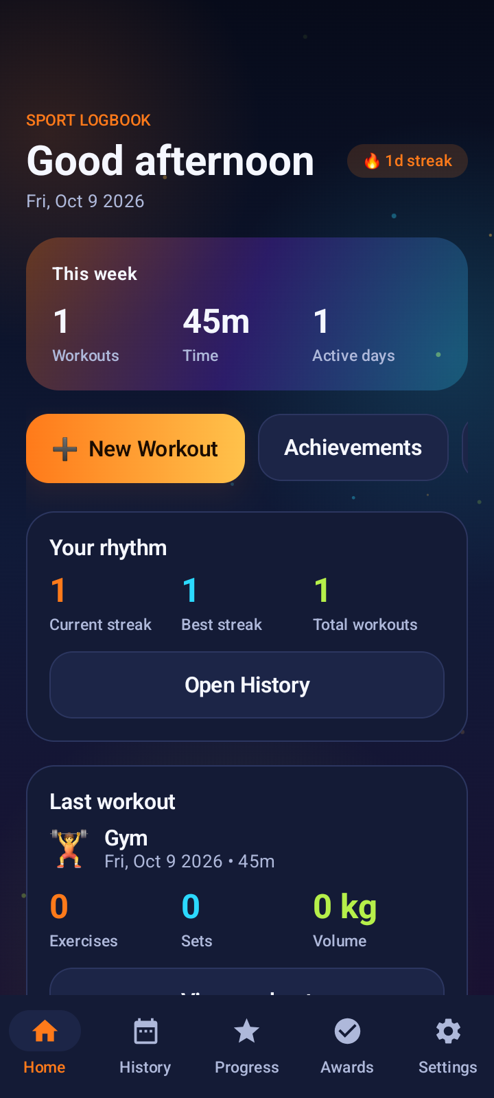 Sport Logbook home interface